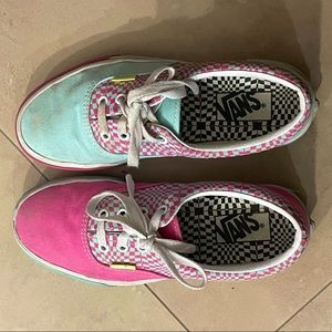 Rare blue and pink warped checkered vans. They make the whole outfit!